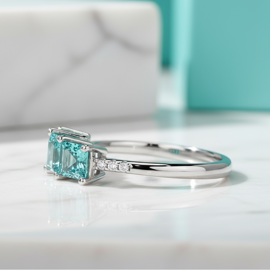 3.5 Ct Princess Cut Three Stone Aquamarine Engagement Ring-Evani Jewelry
