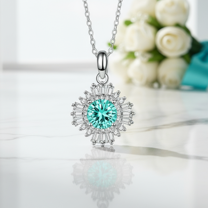 1.0 Ct Turquoise Sunflower Pendant Necklace