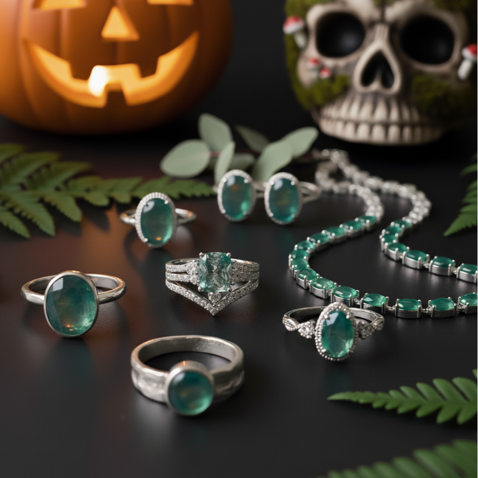Jewelry set with green gemstones on a dark surface with Halloween decorations.
