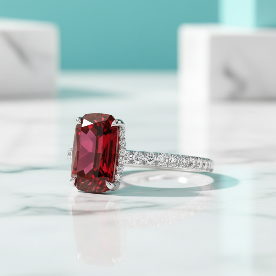 2.90 Ct Old Mine Cut Ruby 14K White Gold Engagement Ring-Evani Jewelry