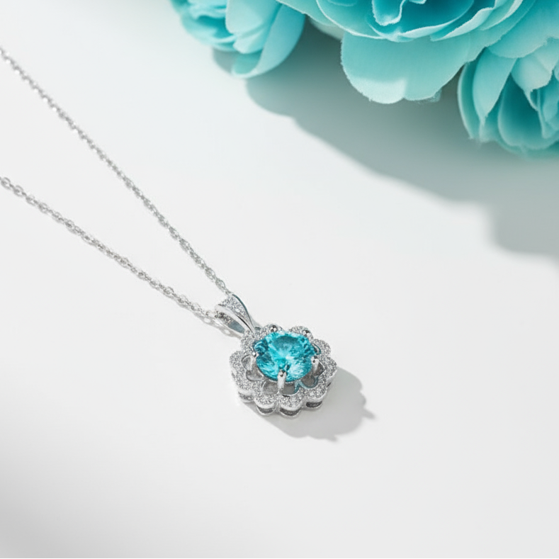 1.0 Ct Turquoise Diamond Flower Shaped Necklace - Evani Naomi Jewelry
