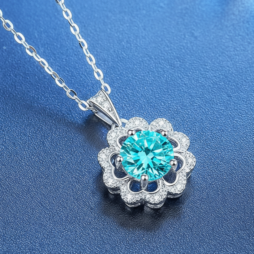 1.0 Ct Turquoise Diamond Flower Shaped Necklace