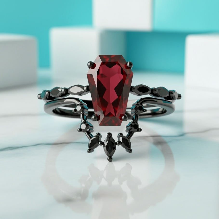 Gothic Rings in 14k Limited Ruby Coffin Cut-Evani Jewelry
