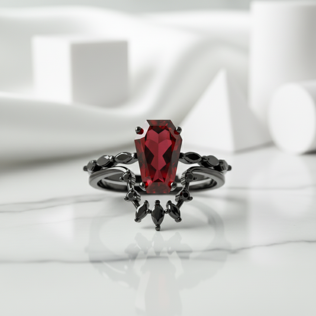 Gothic Rings in 14k Limited Coffin Cut Garnet Birthstone-Evani Jewelry