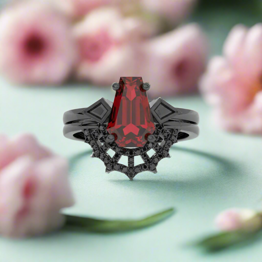 Gothic Spider Web Wedding Ring Set in 14k Gold Garnet Coffin Cut Diamond