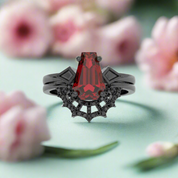 Gothic Spider Web Wedding Ring Set in 14k Gold Garnet Coffin Cut Diamond