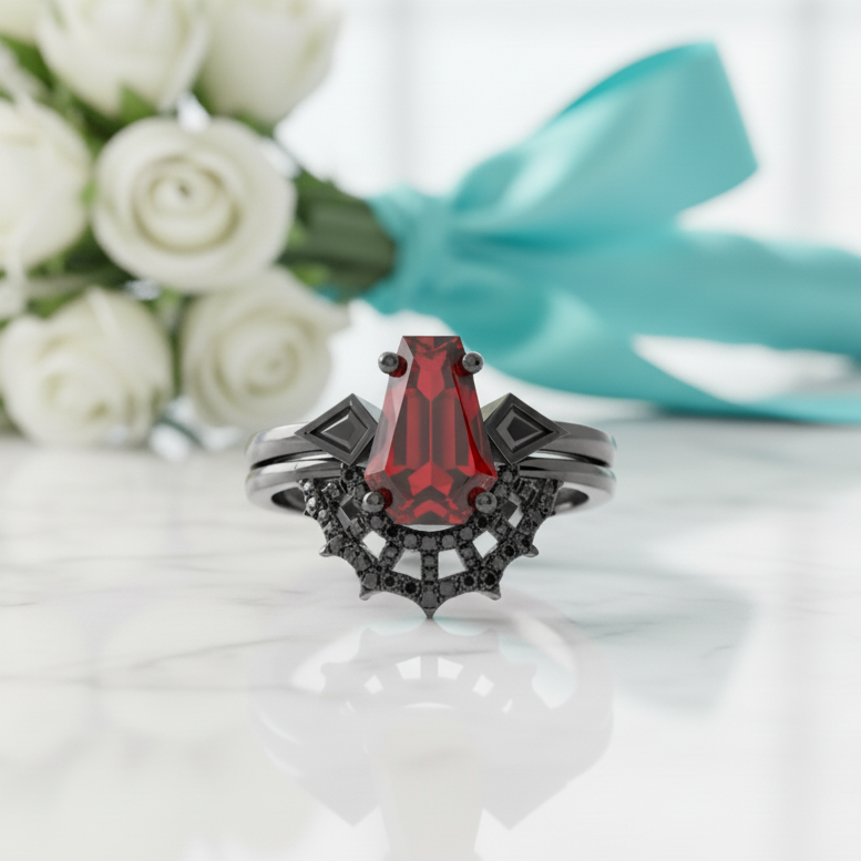 Gothic Spider Web Wedding Ring Set in 18k Gold Coffin Cut Garnet-Evani Jewelry
