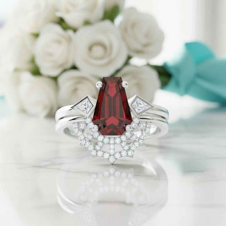 Gothic Spider Web Wedding Ring Set in 18k Gold Coffin Cut Garnet-Evani Jewelry