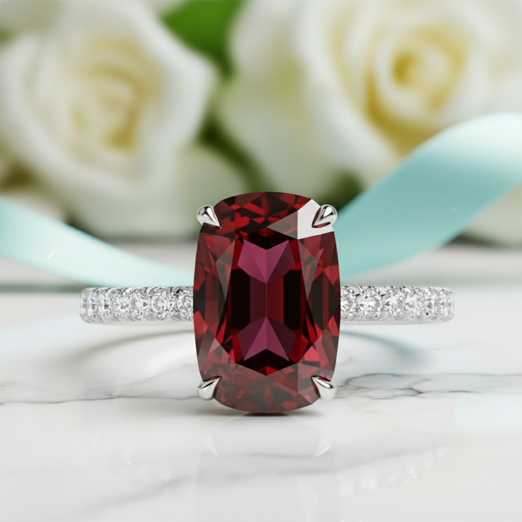 2.90 Ct Old Mine Cut Ruby 14K White Gold Engagement Ring-Evani Jewelry