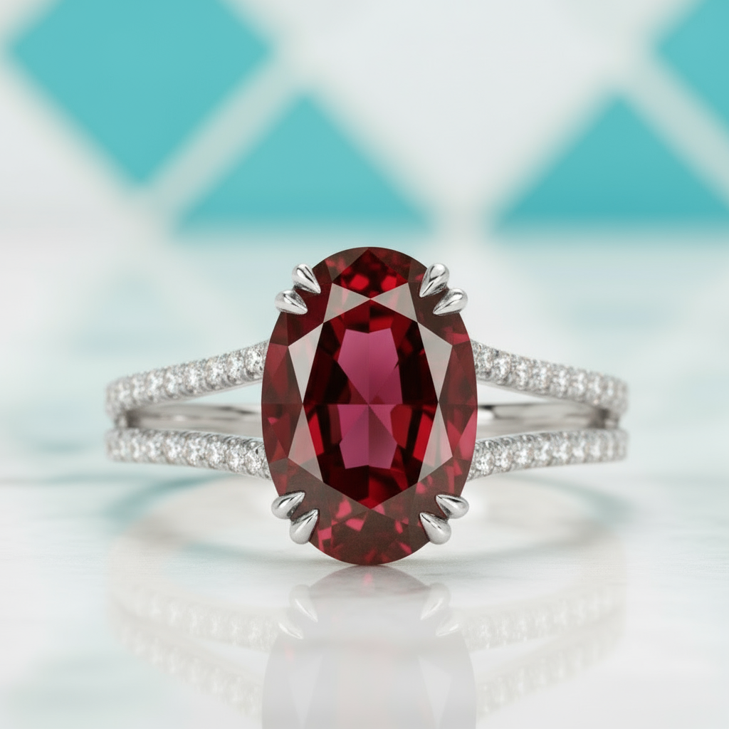 2.90 Ct Garnet Oval Cut Split Shank Engagement Ring-Evani Jewelry