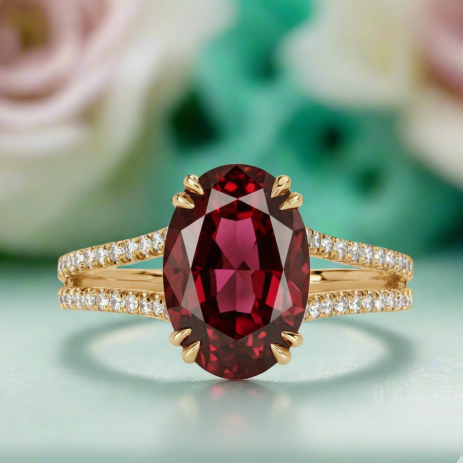 2.90 Ct Garnet Oval Cut Diamond Split Shank Engagement Ring
