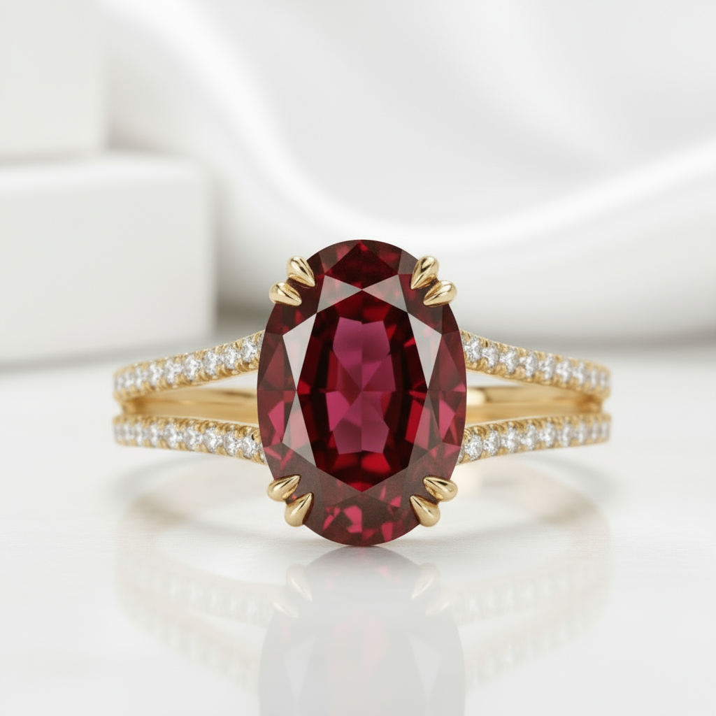 2.90 Ct Ruby Oval Cut Split Shank Engagement Ring-Evani Jewelry