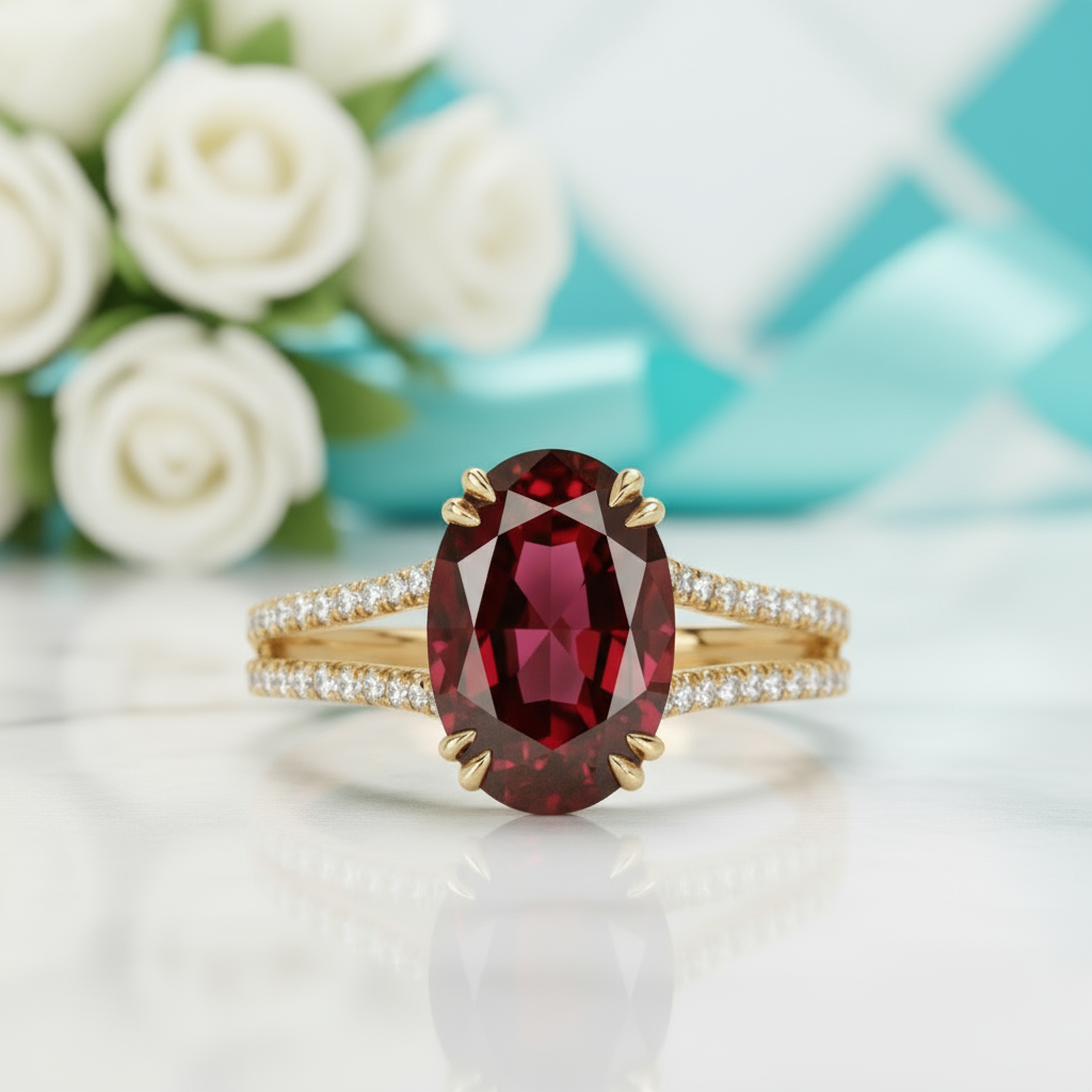 2.90 Ct Garnet Oval Cut Split Shank Engagement Ring-Evani Jewelry