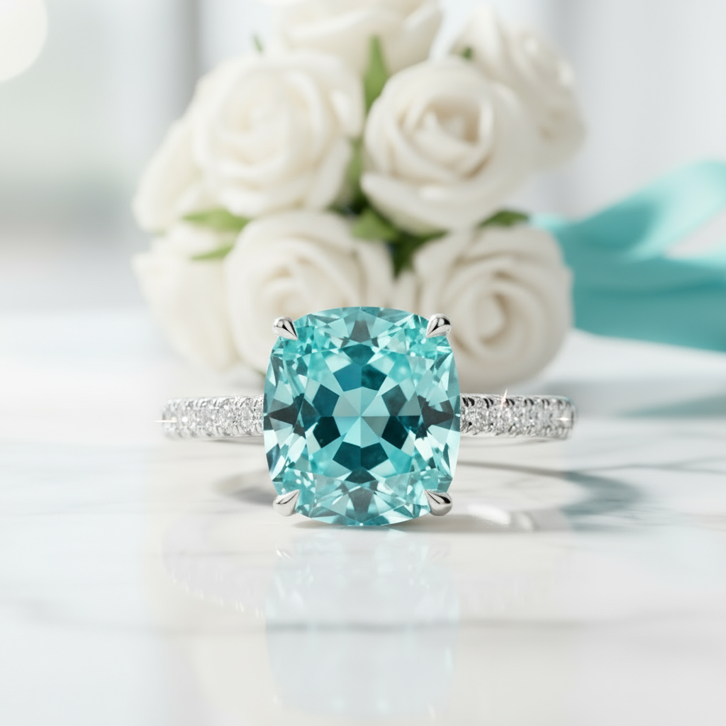 5.0 Ct Turquoise Cushion Cut Classic Engagement Ring-Evani Jewelry