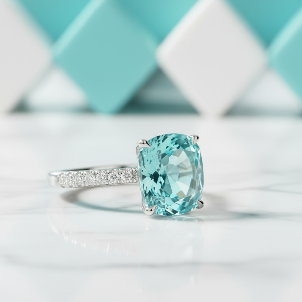 5.0 Ct Turquoise Cushion Cut Classic Engagement Ring-Evani Jewelry