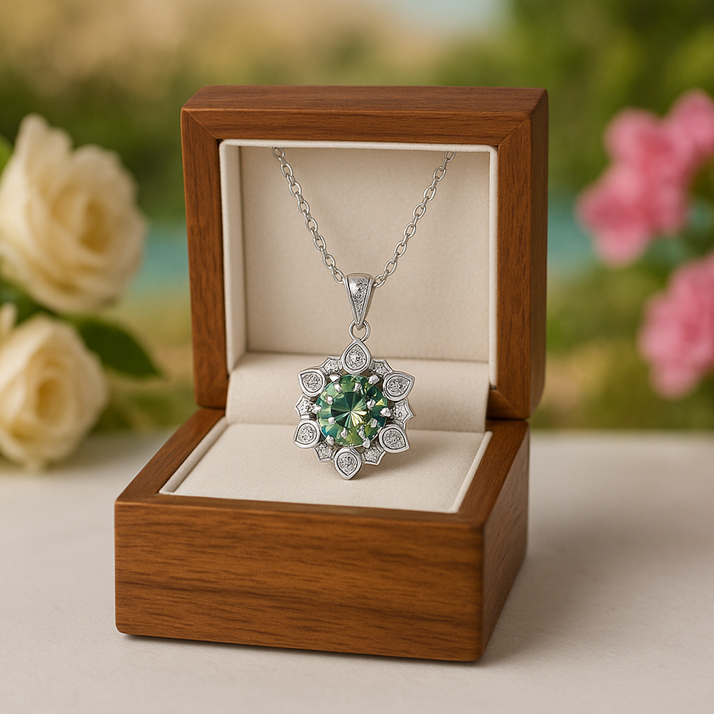 Jewelry box with a green gemstone necklace against a floral background