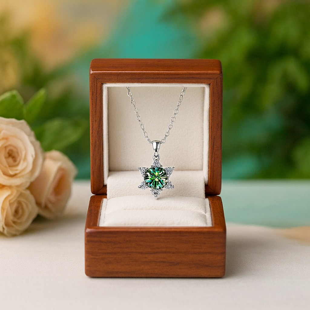 Jewelry box with a green gemstone necklace, surrounded by roses on a blurred natural background