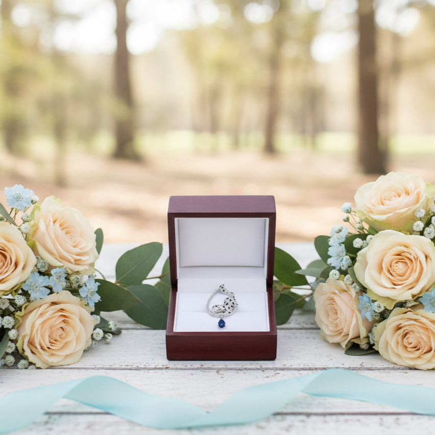 Jewelry box with a heart-shaped pendant surrounded by flowers in a forest setting