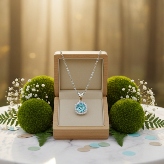 Jewelry box with a necklace featuring a blue gemstone on a table in a forest setting