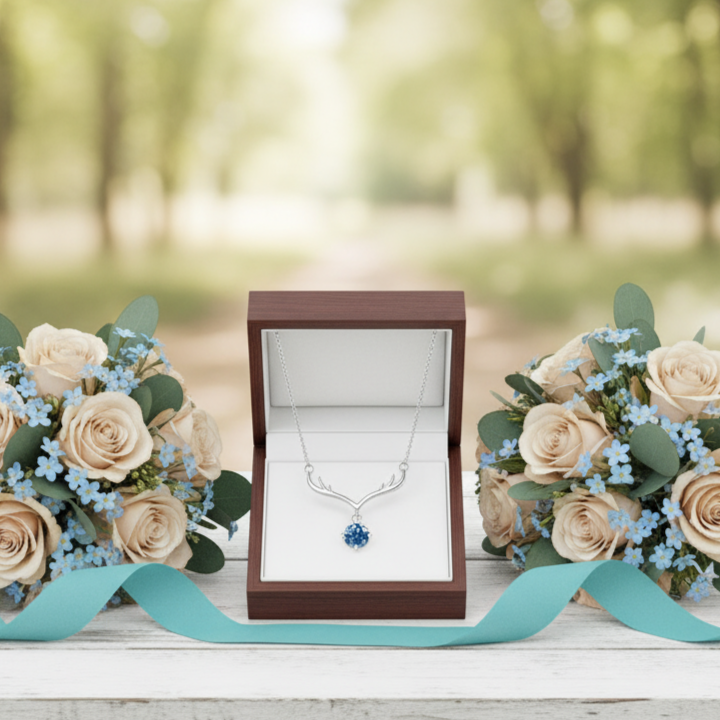 Jewelry box with a necklace featuring a blue gemstone, surrounded by floral arrangements on a wooden table with a blurred natural background.