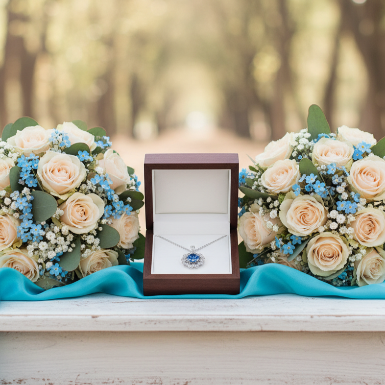 Jewelry box with a necklace featuring a blue pendant, surrounded by floral arrangements outdoors.