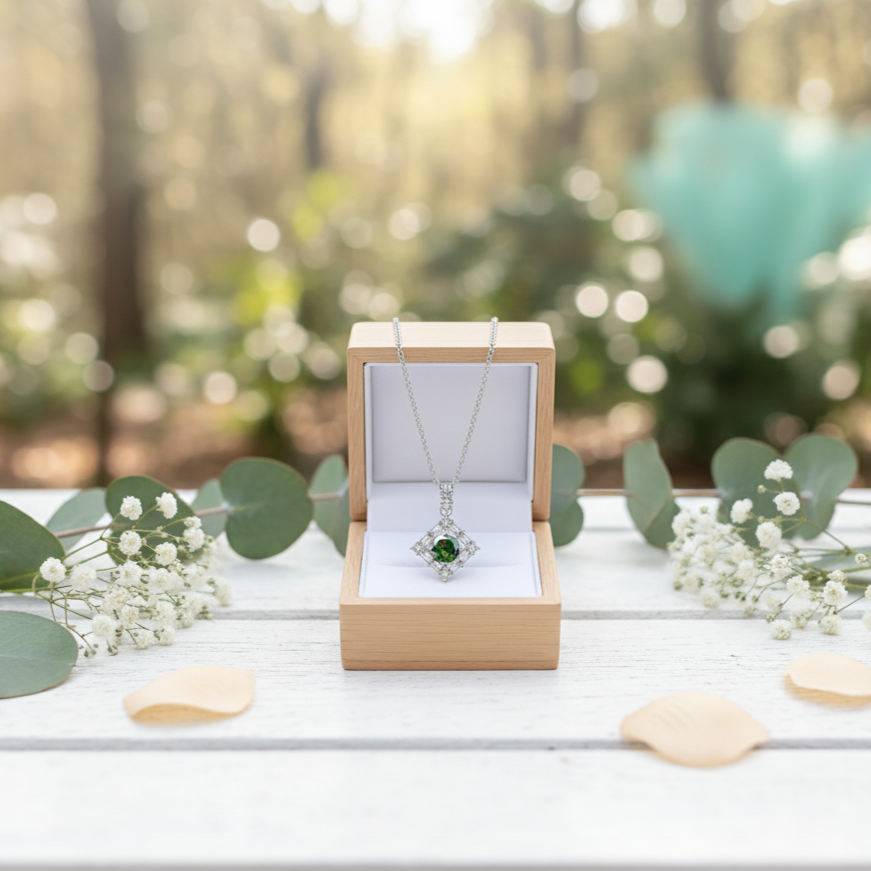 Jewelry box with a necklace featuring a green gemstone, surrounded by greenery and flowers.