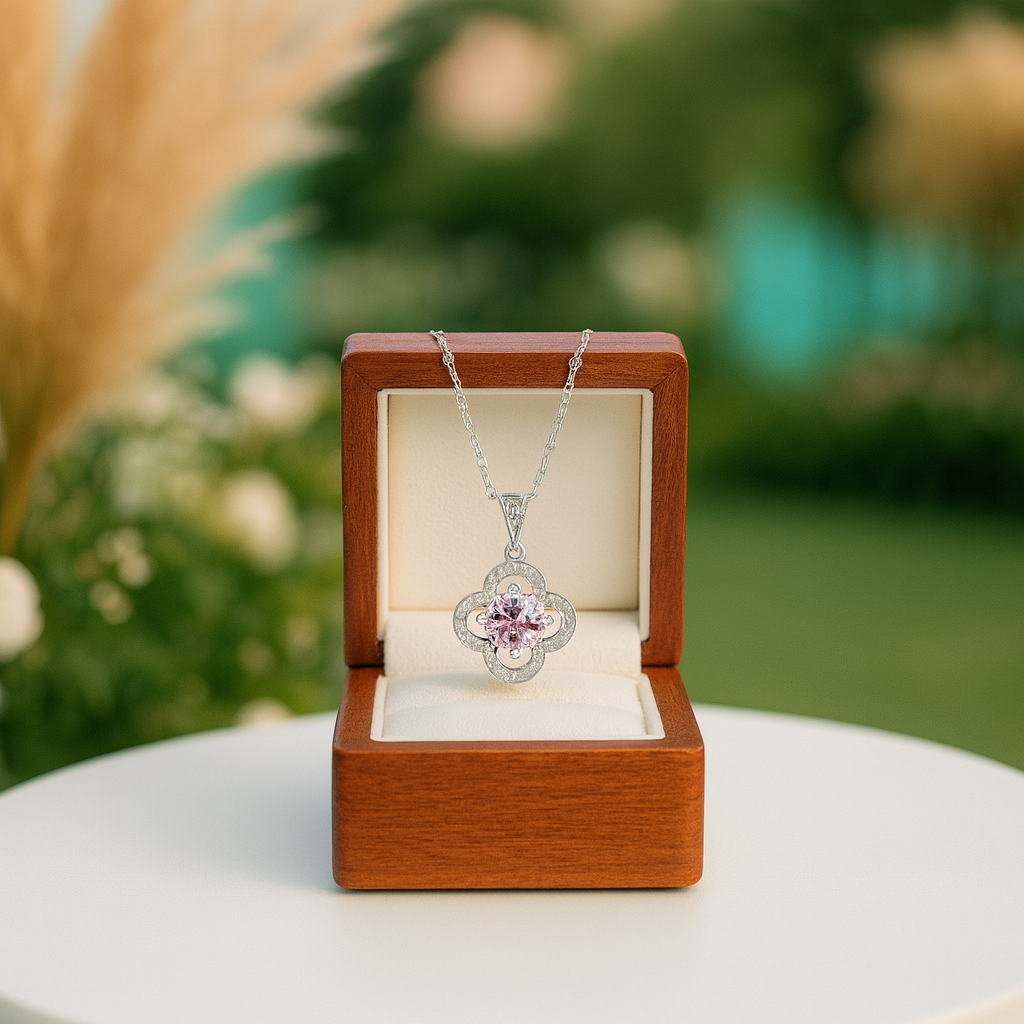 Jewelry box with a necklace featuring a pink gemstone pendant against a blurred natural background
