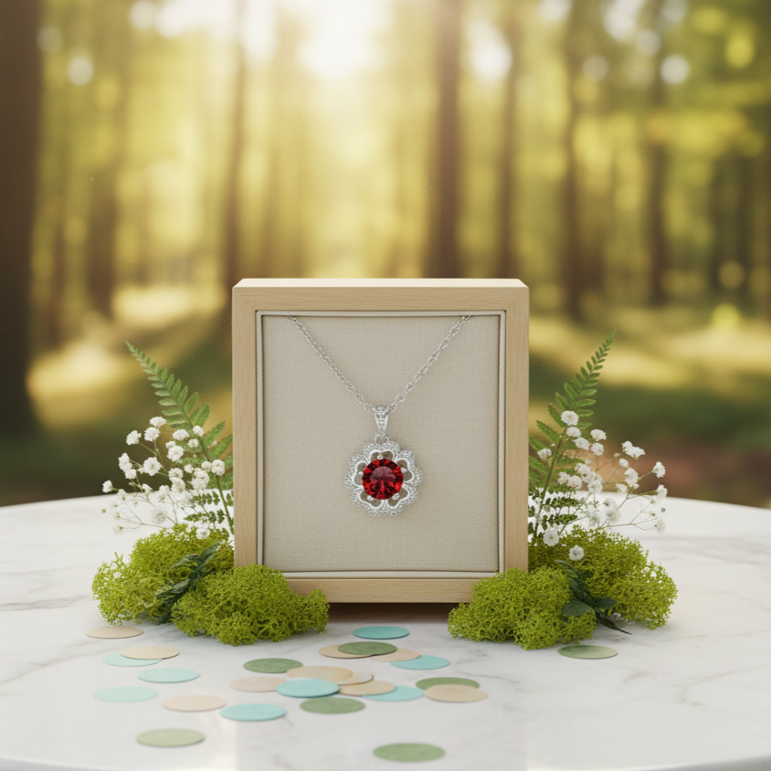 Jewelry box with a necklace featuring a red gemstone in a forest setting