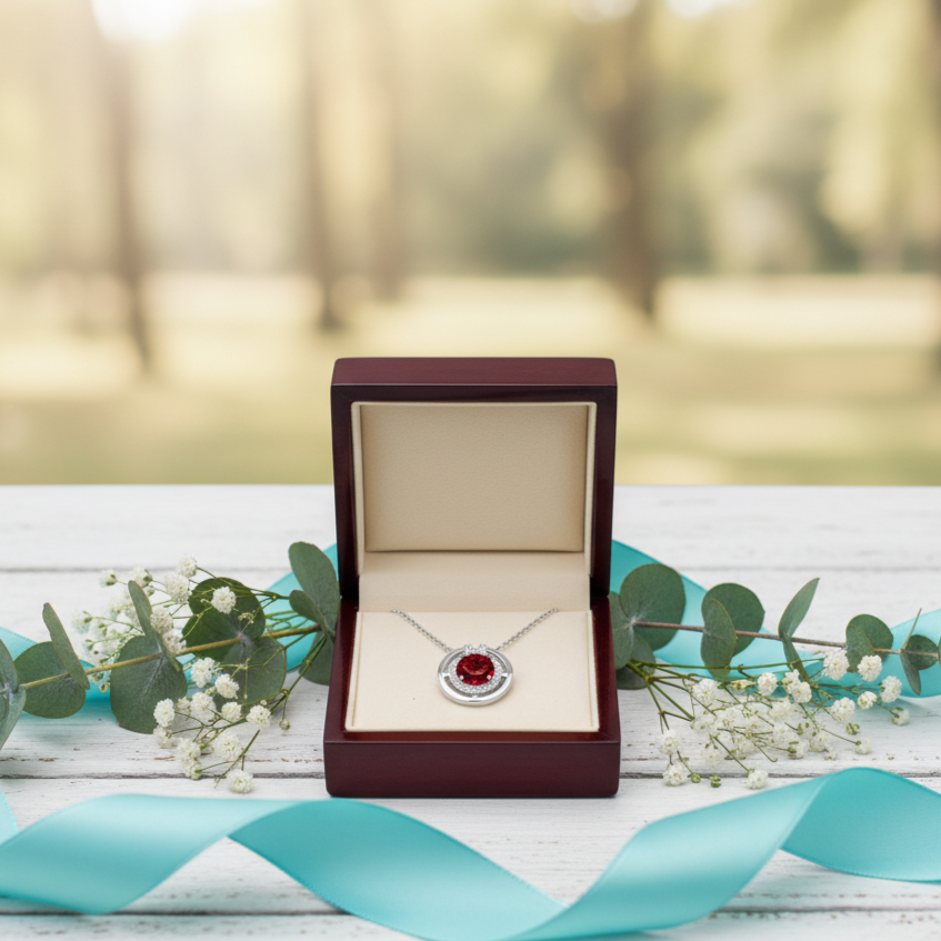 Jewelry box with a necklace featuring a red gemstone on a decorative background