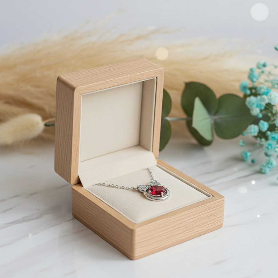 Jewelry box with a necklace featuring a red gemstone on a light background.