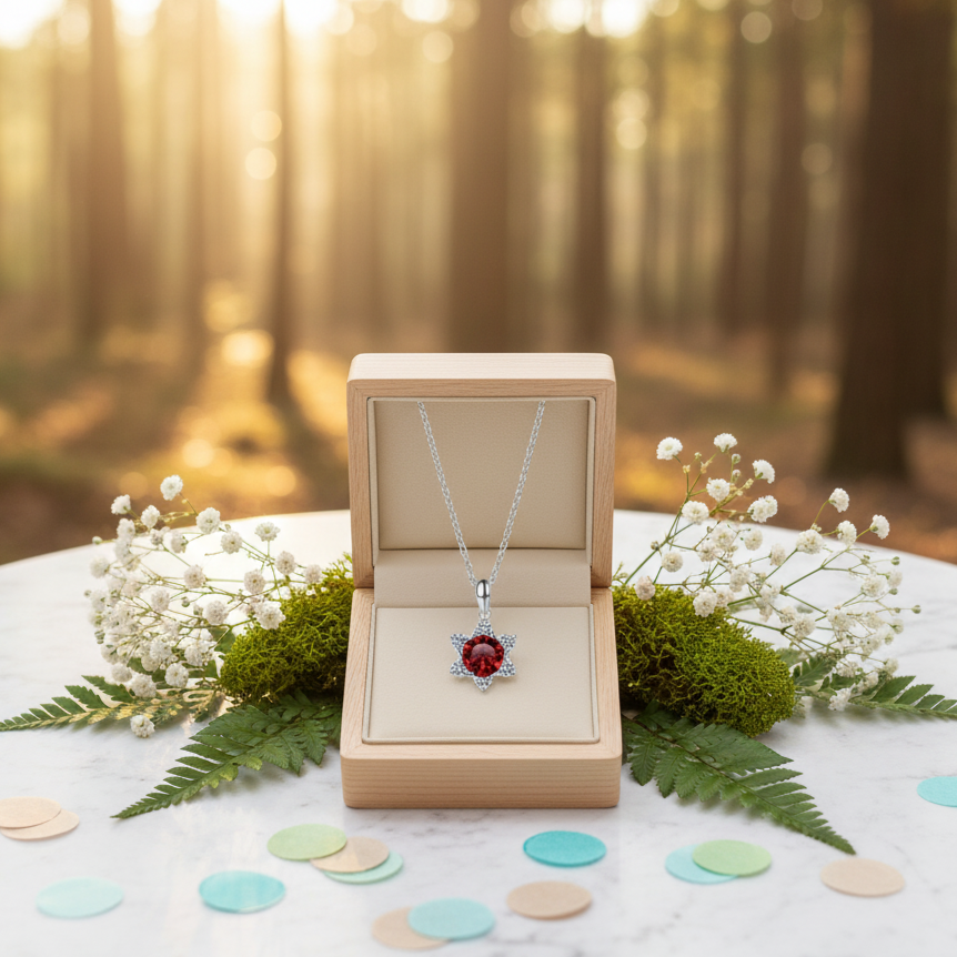 Jewelry box with a necklace featuring a red gemstone, surrounded by flowers and greenery in a forest setting.