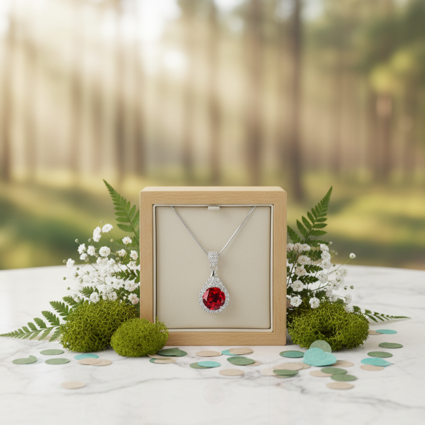 Jewelry box with a necklace featuring a red gemstone, surrounded by flowers and moss in a forest setting.