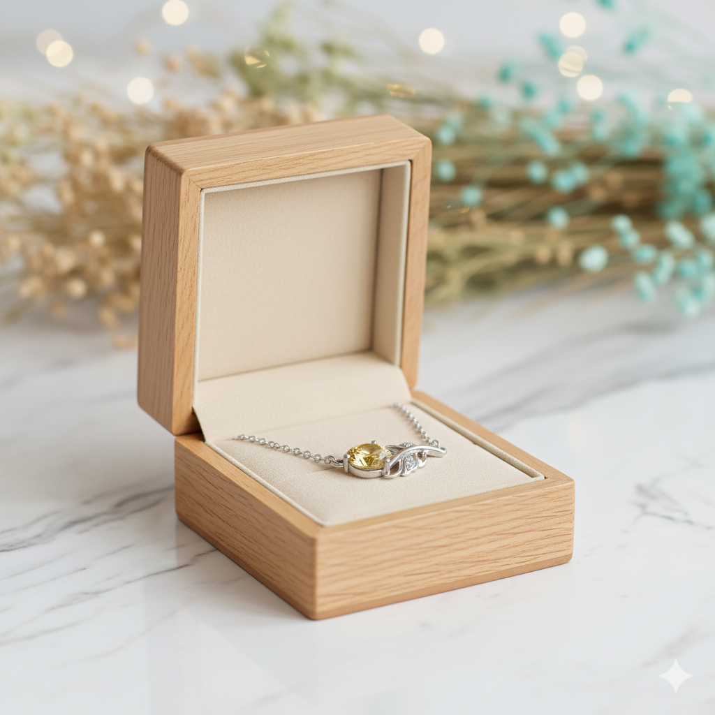 Jewelry box with a necklace featuring a yellow gemstone on a light background