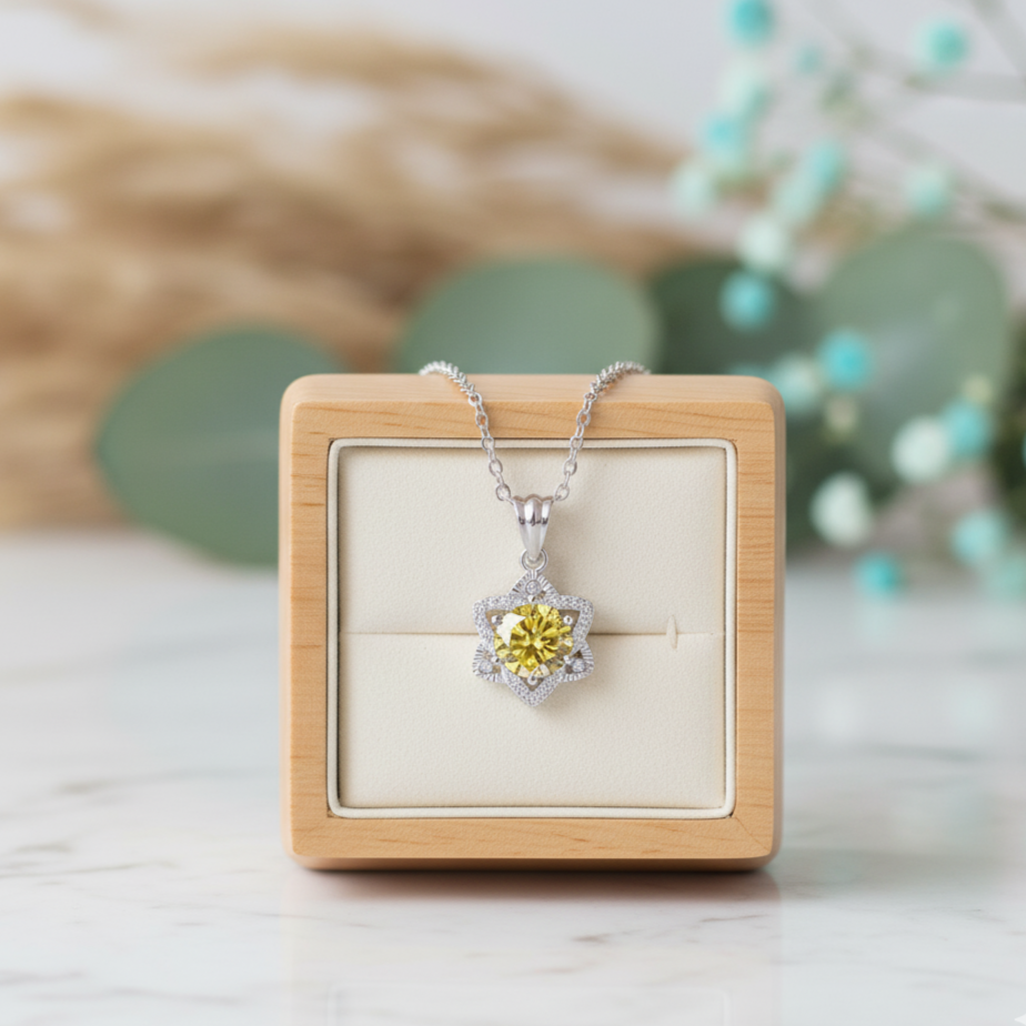 Jewelry box with a necklace featuring a yellow gemstone pendant on a light background