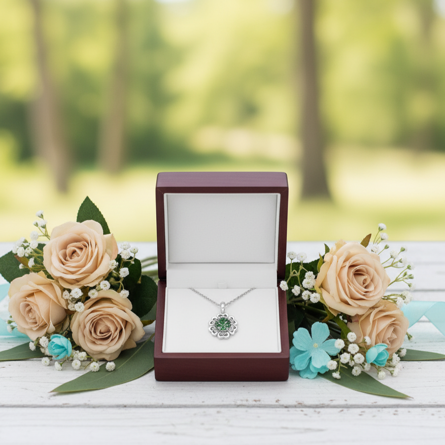 Jewelry box with a necklace inside, surrounded by flowers on a wooden surface with a blurred natural background