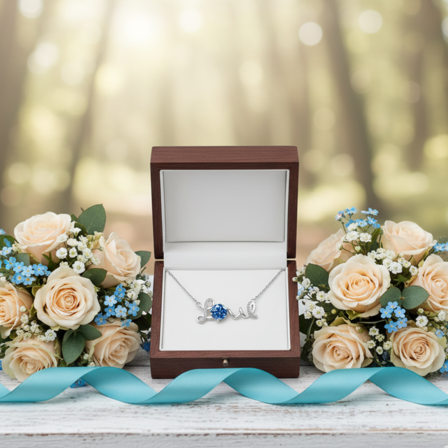 Jewelry box with a necklace, surrounded by flowers on a wooden surface with a blurred natural background