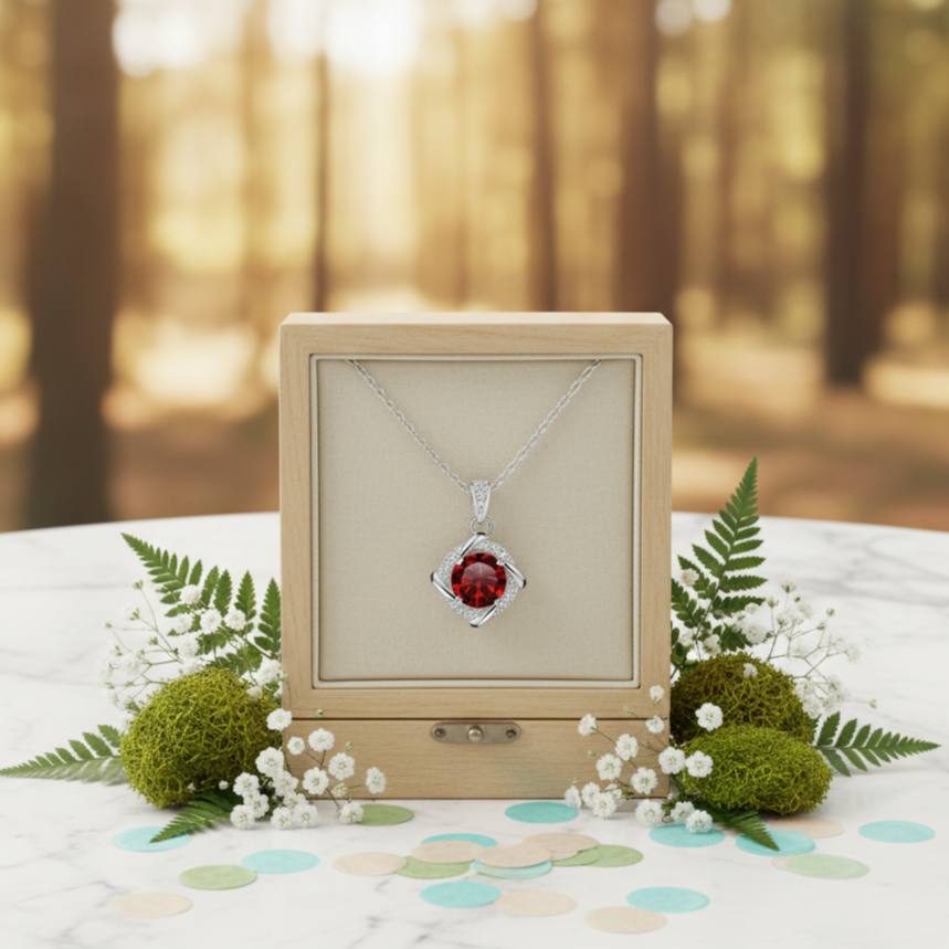 Jewelry box with a pendant featuring a red gemstone, set against a forest background.