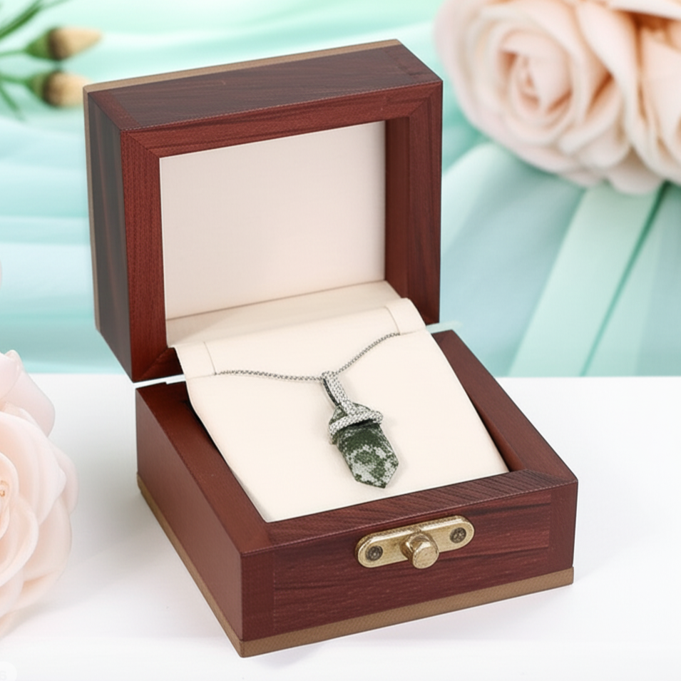 Jewelry box with a pendant inside, surrounded by flowers on a light background