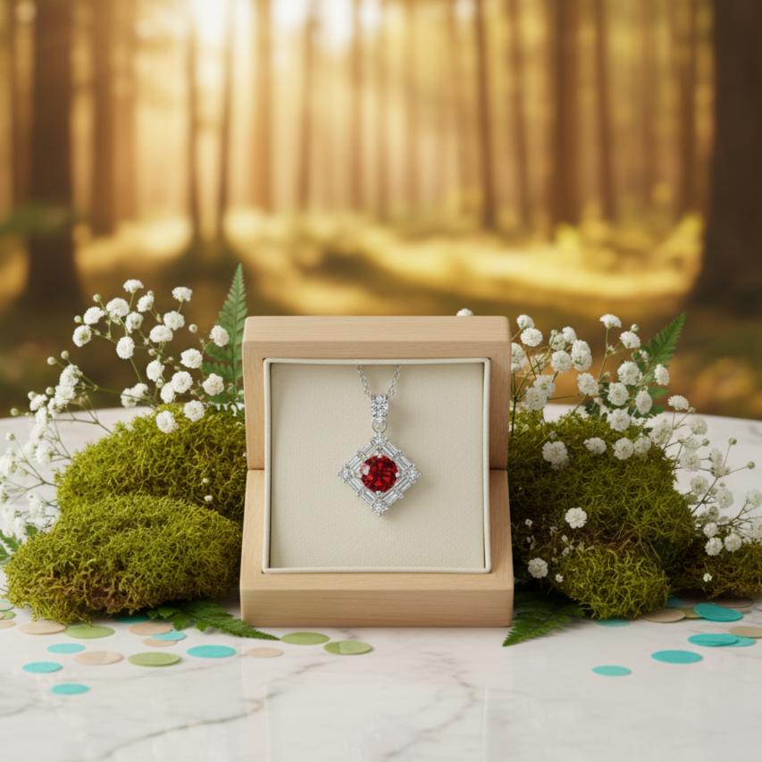 Jewelry box with a red gemstone pendant in a forest setting