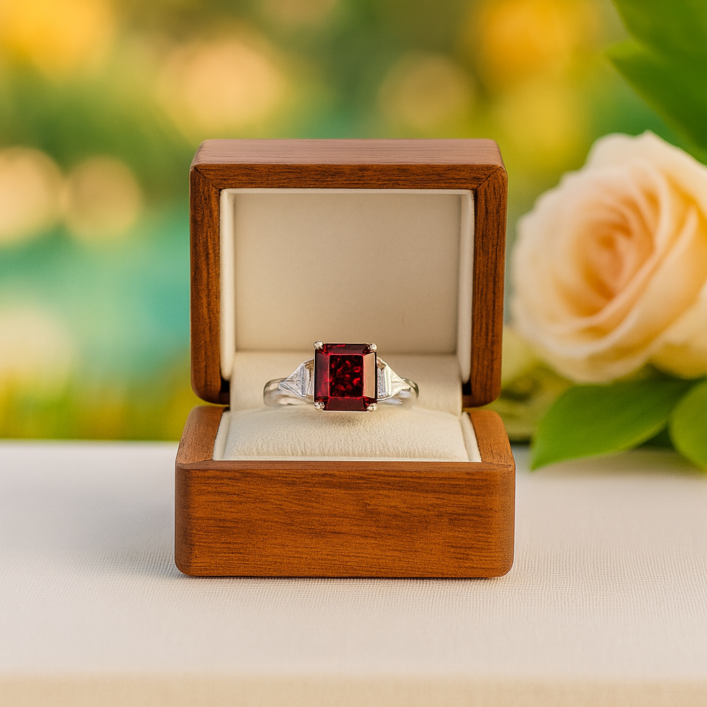 Jewelry box with a ring featuring a red gemstone, set against a blurred floral background.