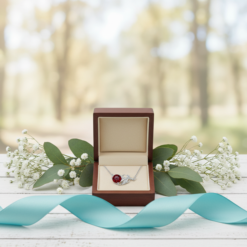 Jewelry box with a ring featuring a red gemstone, surrounded by flowers and a ribbon on a blurred natural background.