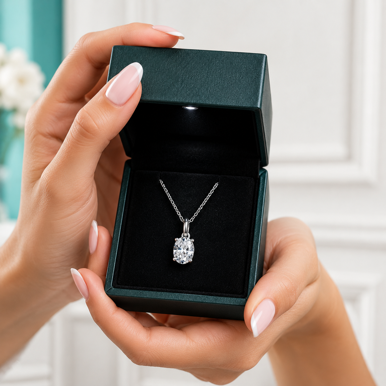 Jewelry box with a silver necklace featuring a diamond pendant, held by hands.