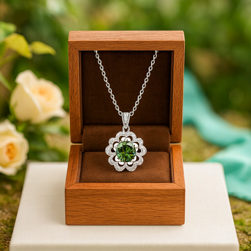 Jewelry box with a silver necklace featuring a green gemstone pendant, set against a blurred natural background.