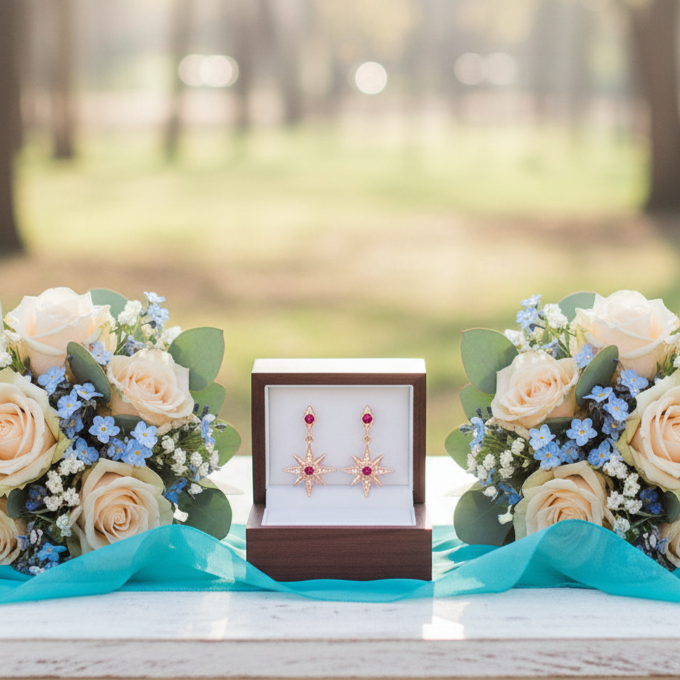 Jewelry box with earrings flanked by two flower bouquets on a table outdoors.