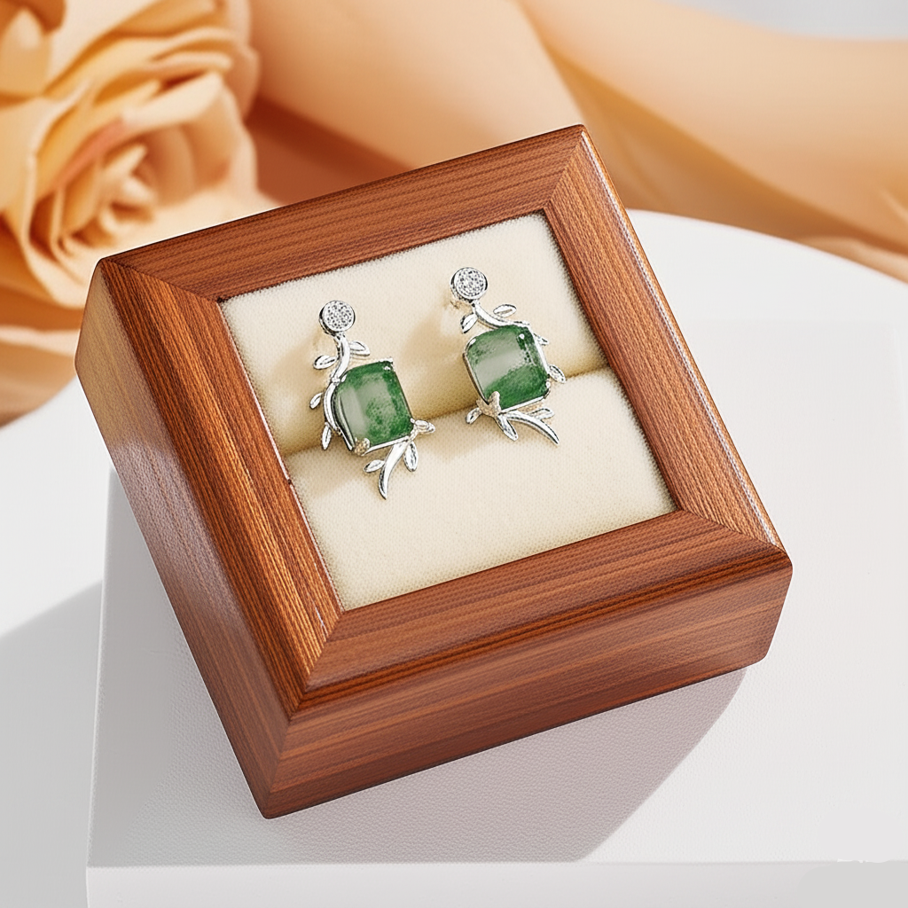 Jewelry box with green gemstone earrings on a soft background