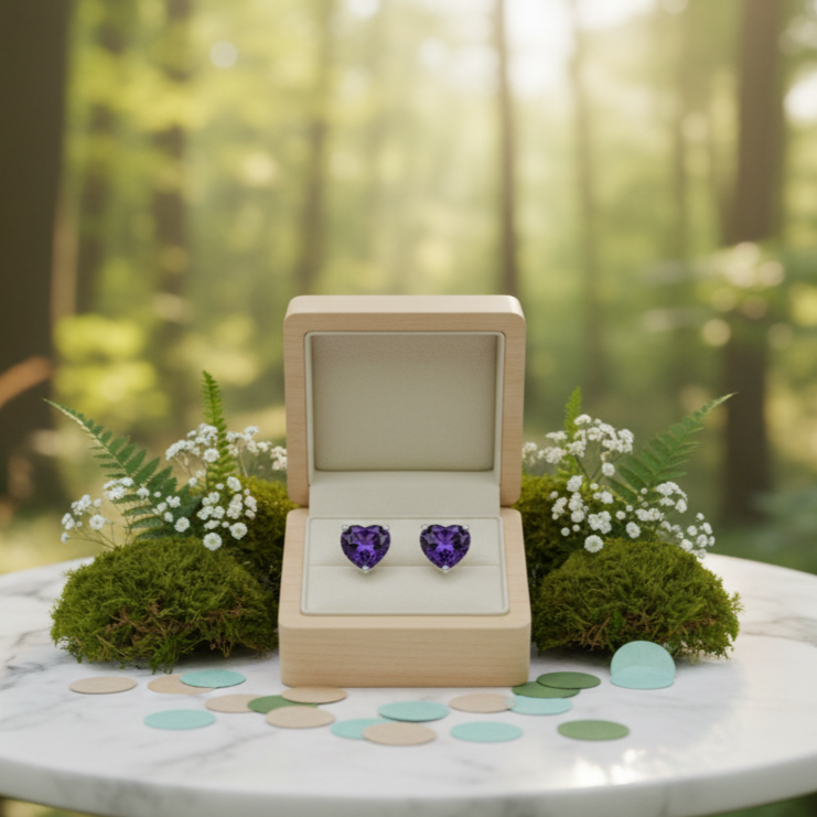 Jewelry box with purple heart-shaped earrings on a marble table in a forest setting