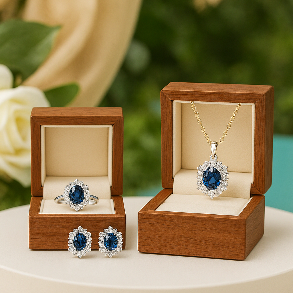 Jewelry set with blue gemstones in wooden boxes on a white surface with greenery in the background