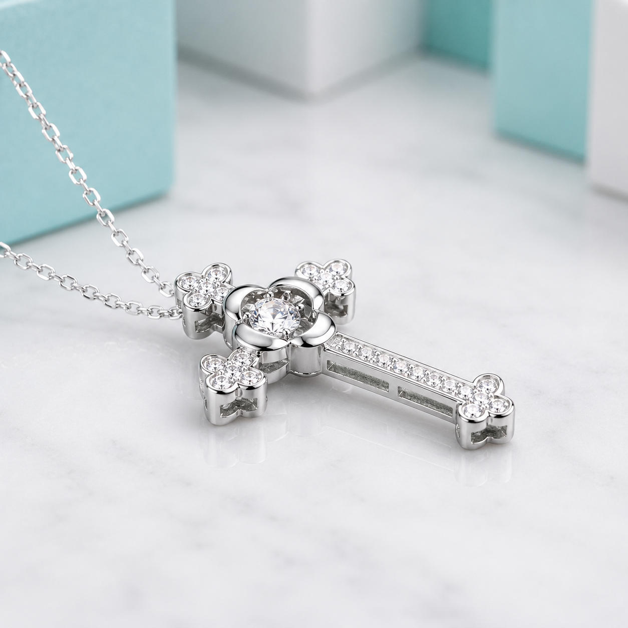 Vintage Style Cross Pendant Dancing Diamond Option Necklace