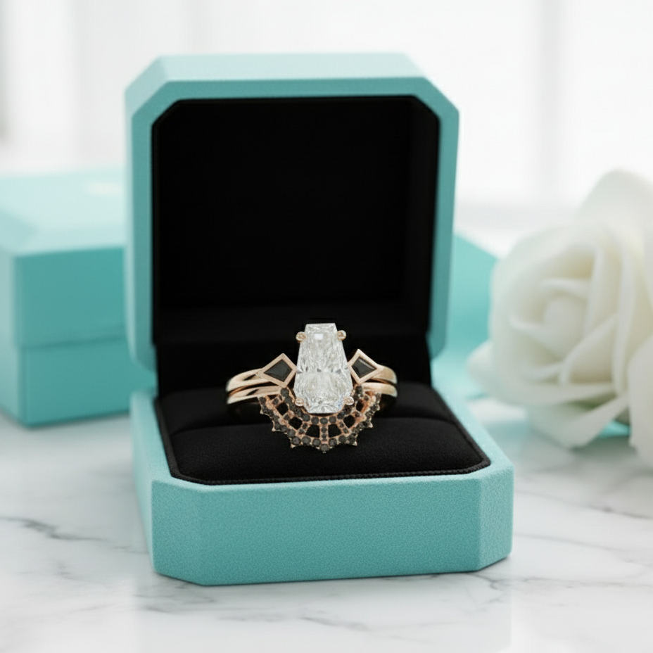 Gothic Spider Web Wedding Ring Set in 14k Gold Coffin Cut Diamond-Evani Jewelry