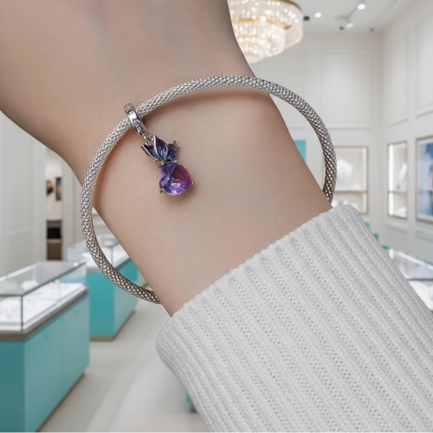 Lovely Amethyst Butterfly and Heart Charm-Evani Jewelry